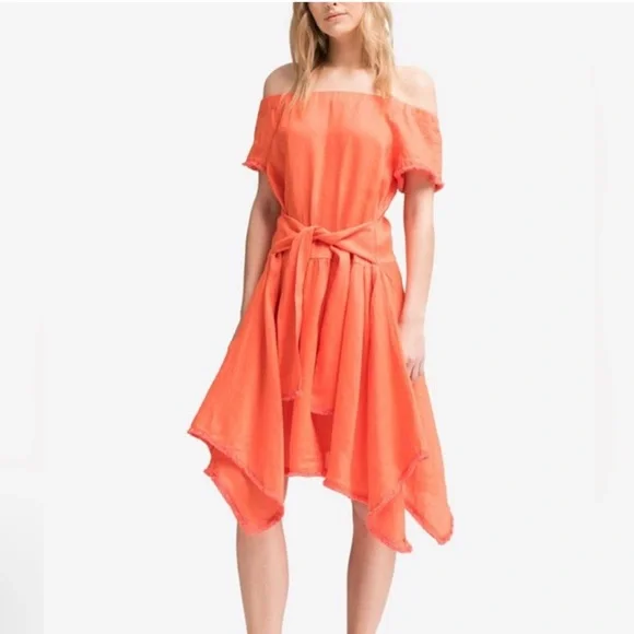 Dkny | Dresses | Nwtdkny Off The Shoulder Linen Dress W Asymmetrical Hemline  In Orange | Poshmark